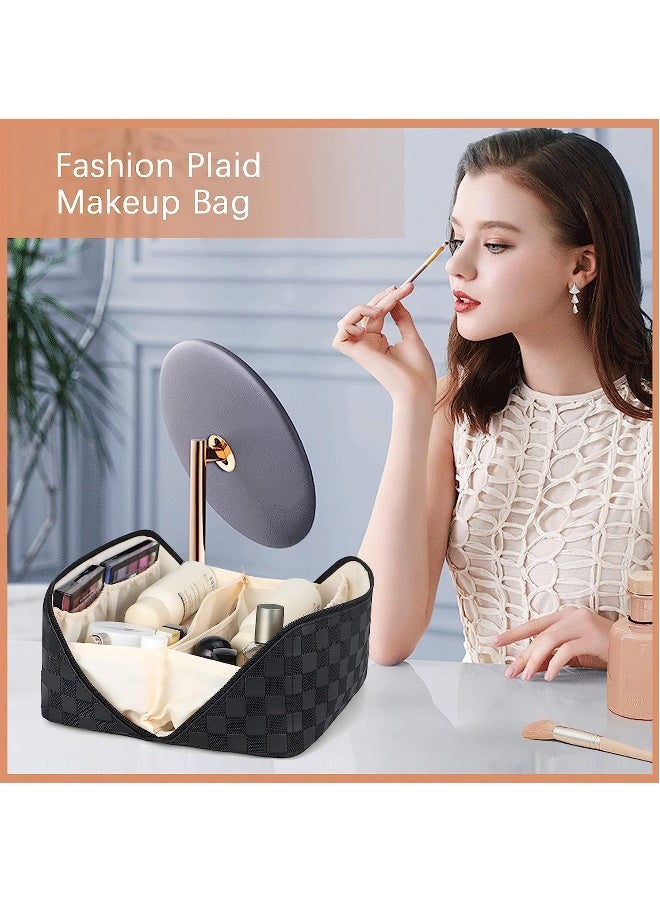 JOMILA Large Capacity Travel Cosmetic Bag Portable Makeup Bags for Women Travel Toiletry Bag Waterproof Leather Checkered Makeup Organizer Bag, Roomy Cosmetic Bag for Women and Girls - Image 2