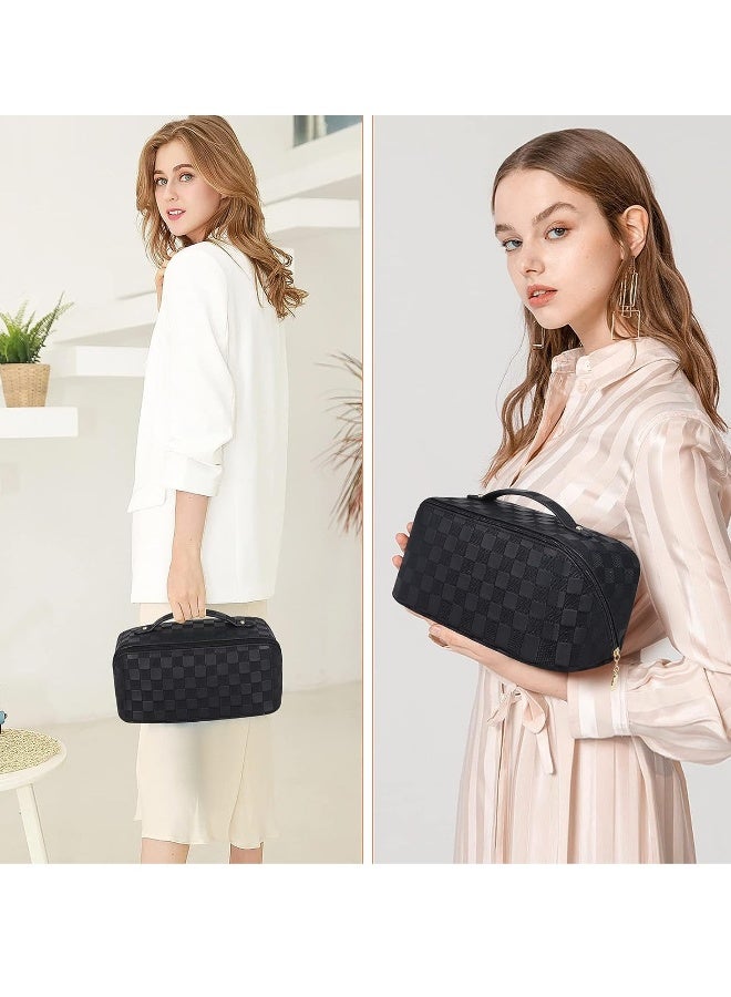 JOMILA Large Capacity Travel Cosmetic Bag Portable Makeup Bags for Women Travel Toiletry Bag Waterproof Leather Checkered Makeup Organizer Bag, Roomy Cosmetic Bag for Women and Girls - Image 5