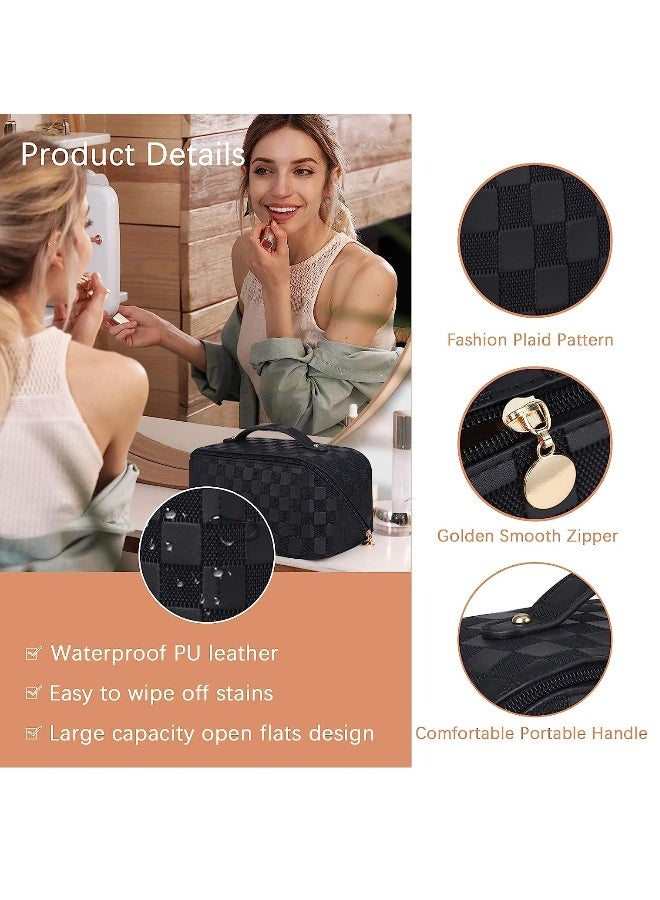 JOMILA Large Capacity Travel Cosmetic Bag Portable Makeup Bags for Women Travel Toiletry Bag Waterproof Leather Checkered Makeup Organizer Bag, Roomy Cosmetic Bag for Women and Girls - Image 3