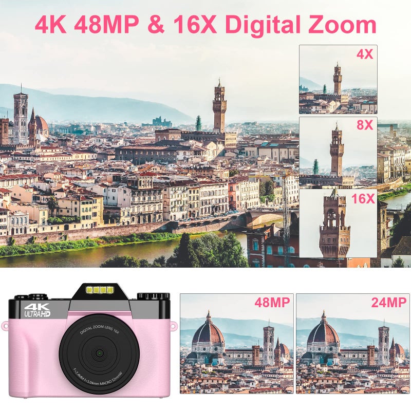 VETEK Digital Cameras for Photography, 4K 48MP Vlogging Camera 16X Digital Zoom Manual Focus Students Compact Camera with 52mm Wide-Angle Lens & Macro Lens, 32G Micro Card and 2 Batteries (Pink) - Image 2