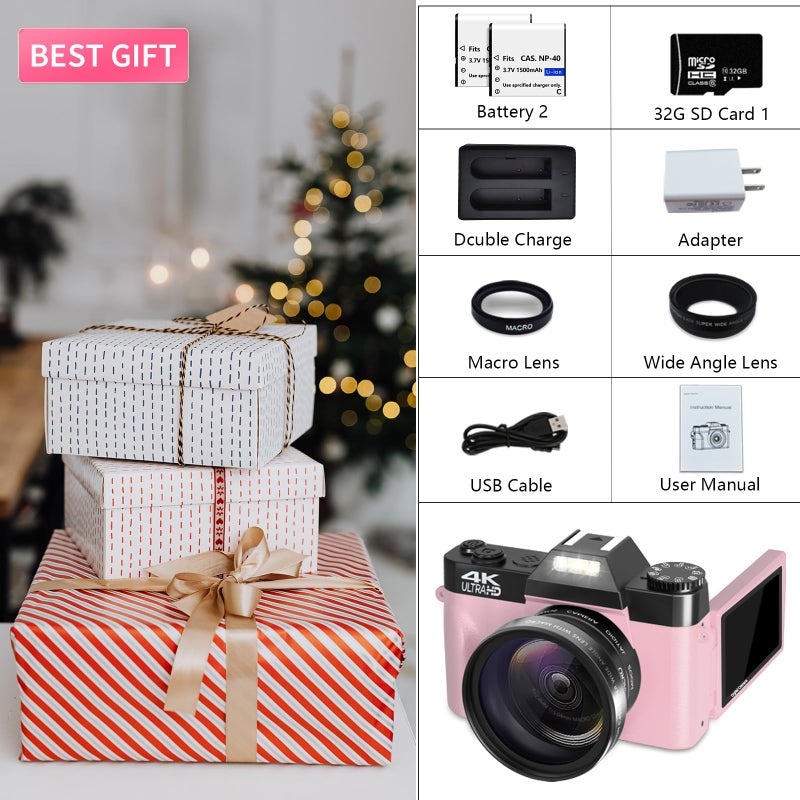 VETEK Digital Cameras for Photography, 4K 48MP Vlogging Camera 16X Digital Zoom Manual Focus Students Compact Camera with 52mm Wide-Angle Lens & Macro Lens, 32G Micro Card and 2 Batteries (Pink) - Image 5
