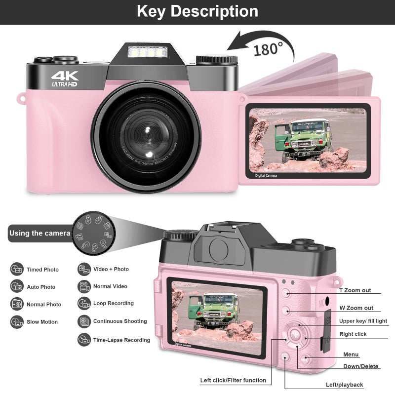 VETEK Digital Cameras for Photography, 4K 48MP Vlogging Camera 16X Digital Zoom Manual Focus Students Compact Camera with 52mm Wide-Angle Lens & Macro Lens, 32G Micro Card and 2 Batteries (Pink) - Image 4