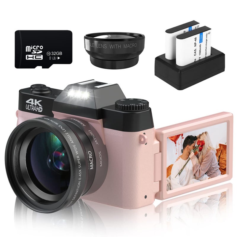 VETEK Digital Cameras for Photography, 4K 48MP Vlogging Camera 16X Digital Zoom Manual Focus Students Compact Camera with 52mm Wide-Angle Lens & Macro Lens, 32G Micro Card and 2 Batteries (Pink) - Image 1