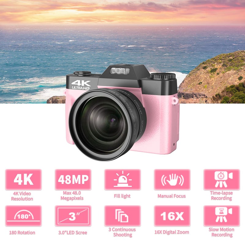 VETEK Digital Cameras for Photography, 4K 48MP Vlogging Camera 16X Digital Zoom Manual Focus Students Compact Camera with 52mm Wide-Angle Lens & Macro Lens, 32G Micro Card and 2 Batteries (Pink) - Image 3