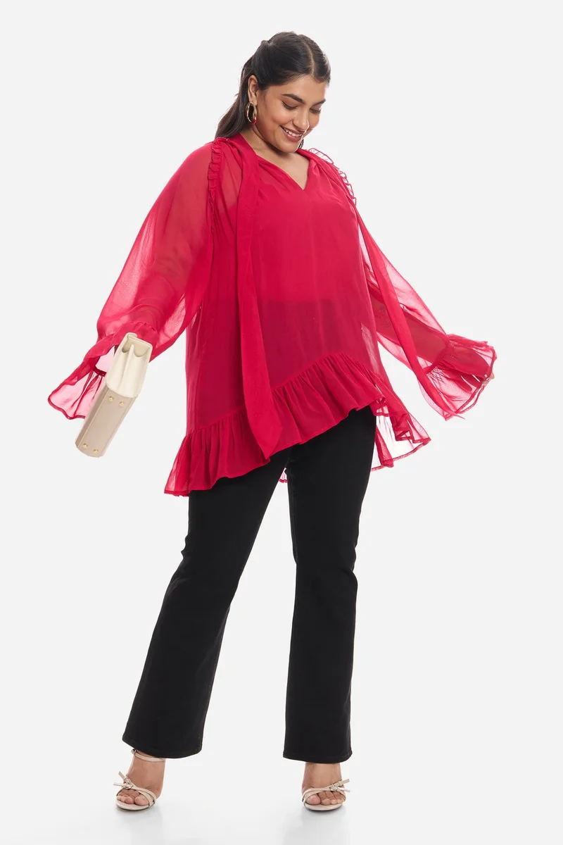 Virgio Solid Viscose Sheer Ruffled Plus Size Top And Inner Cami for Women