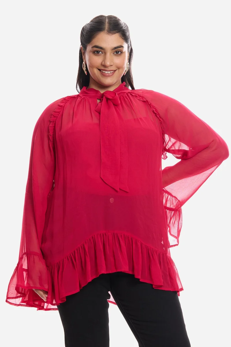 فيرجيو Solid Viscose Sheer Ruffled Plus Size Top And Inner Cami for Women