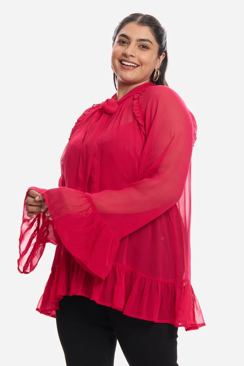 Virgio  Solid Viscose Sheer Ruffled Plus Size Top And Inner Cami for Women for Women | Best Price UAE