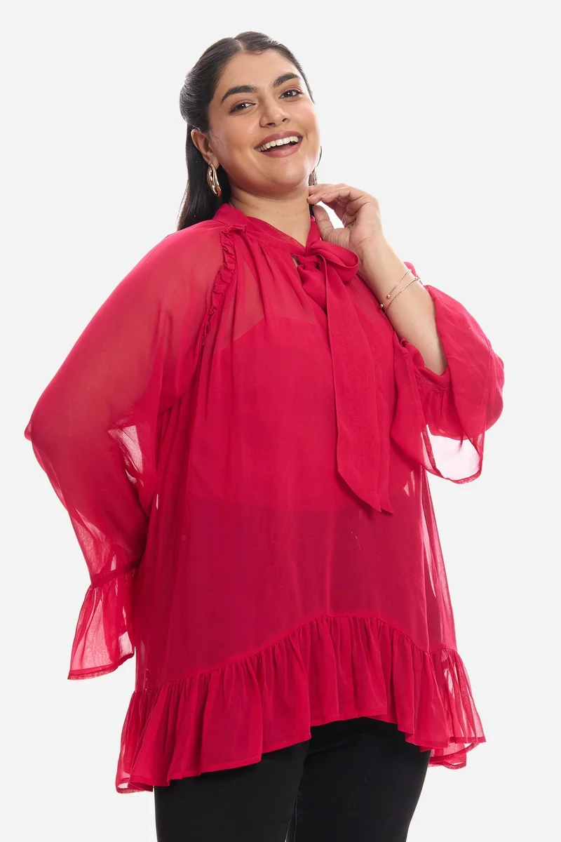 Virgio  Solid Viscose Sheer Ruffled Plus Size Top And Inner Cami for Women for Women | Best Price UAE