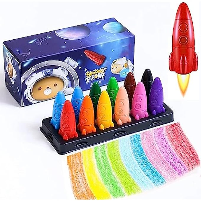 12 COLORS SPACE ROCKET CRAYON, NON TOXIC CRAYONS FOR KIDS, EASY TO GRIP WASHABLE KIDS CRAYONS, SAFE COLOURING ART SCHOOL SUPPLIES GIFT SET, DROP RESISTANT, FOR BABIES AND CHILDREN - Image 2