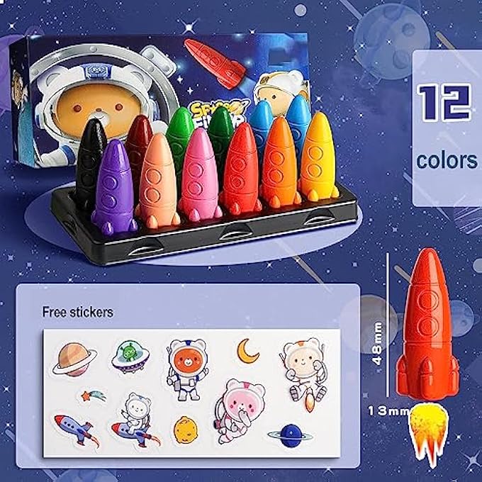 12 COLORS SPACE ROCKET CRAYON, NON TOXIC CRAYONS FOR KIDS, EASY TO GRIP WASHABLE KIDS CRAYONS, SAFE COLOURING ART SCHOOL SUPPLIES GIFT SET, DROP RESISTANT, FOR BABIES AND CHILDREN - Image 3