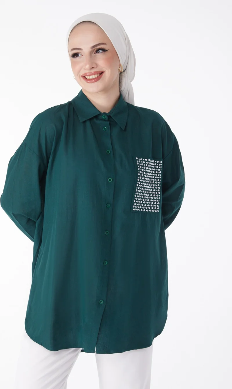 Tofisa Plain Shirt Collar Women's Green Pocket Stone Detailed Tunic - 13168