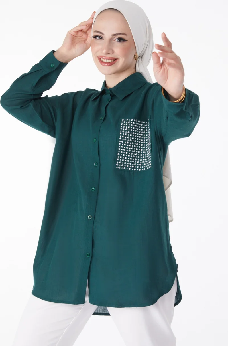 Tofisa Plain Shirt Collar Women's Green Pocket Stone Detailed Tunic - 13168