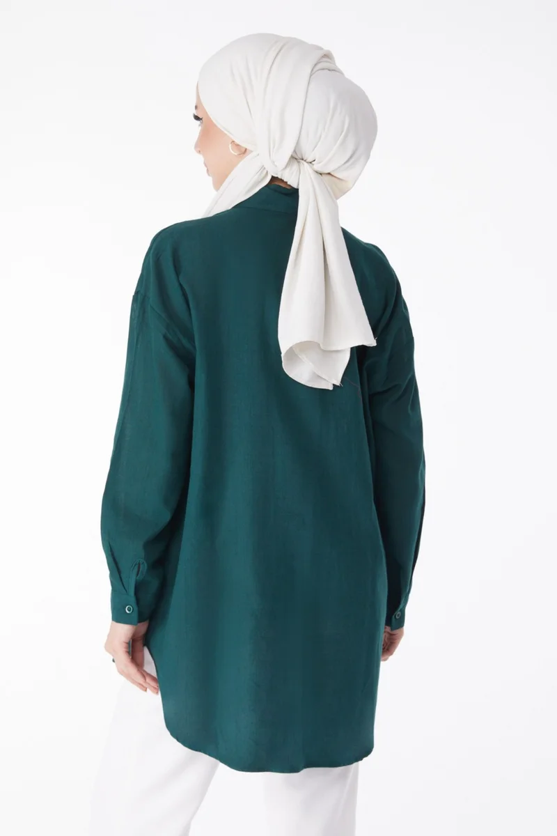 Tofisa Plain Shirt Collar Women's Green Pocket Stone Detailed Tunic - 13168