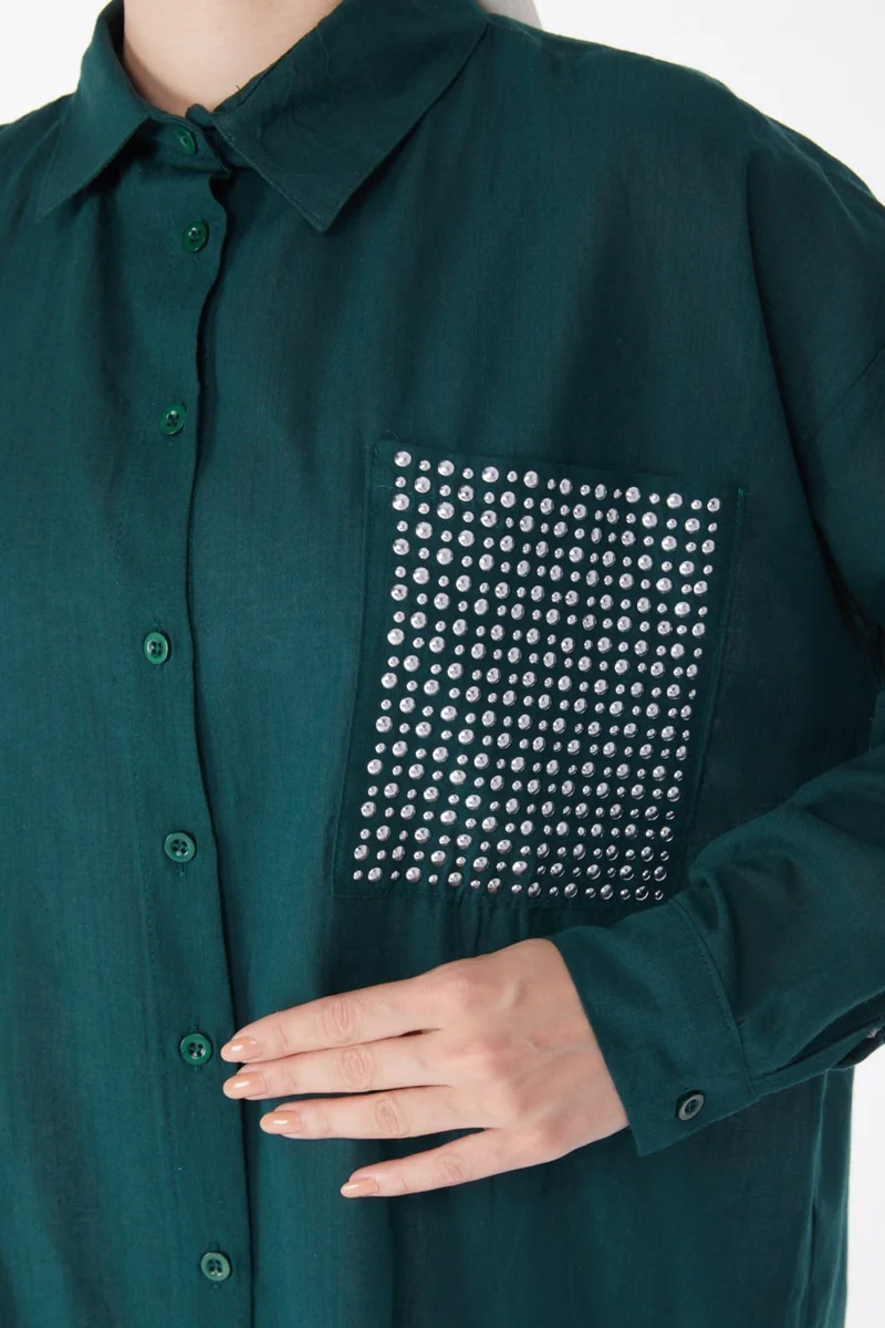 Tofisa Plain Shirt Collar Women's Green Pocket Stone Detailed Tunic - 13168