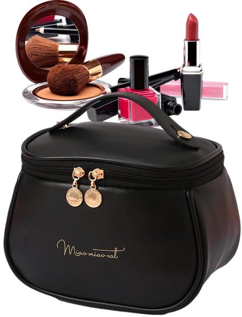 SPRADE Women’s Large Capacity Cosmetic Travel Bag - Waterproof Leather Makeup Organizer with Wide Opening, Dividers with Handle (Cross Open, Brown) by (Black (Medium)) - Image 4
