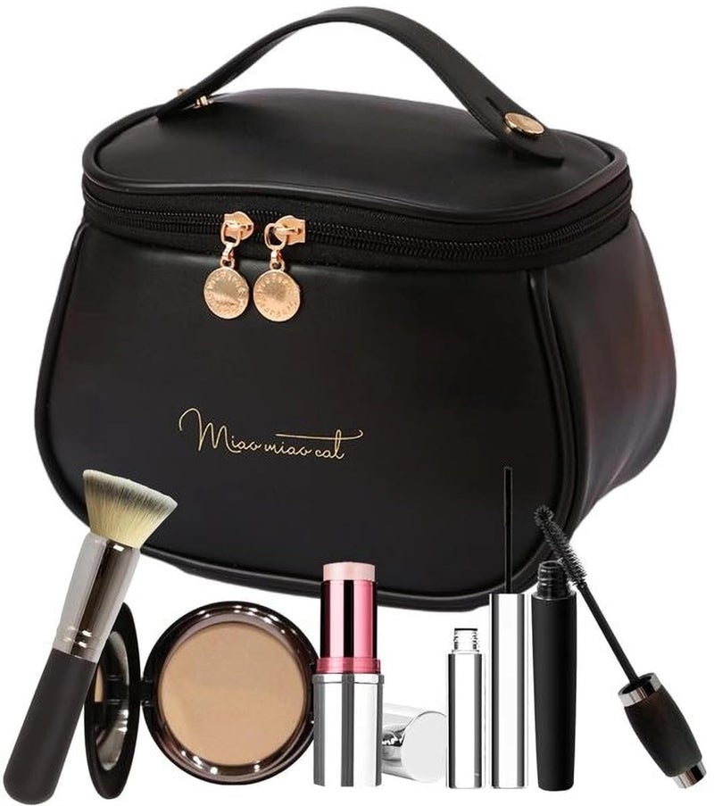 SPRADE Women’s Large Capacity Cosmetic Travel Bag - Waterproof Leather Makeup Organizer with Wide Opening, Dividers with Handle (Cross Open, Brown) by (Black (Medium)) - Image 2