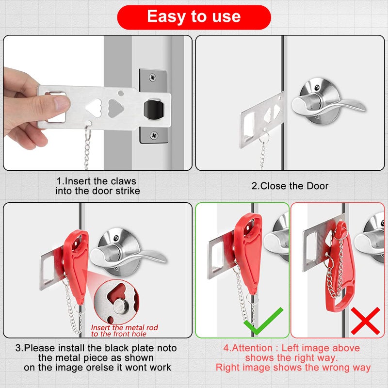 Rerishom Portable Door Lock & Door Stop Alarm Set, Dual Protection for Privacy and Safety in Home Door Lock Kit, Door Alarm with 120dB Siren for Travel, Hotel, Apartment, College, Home - Image 3