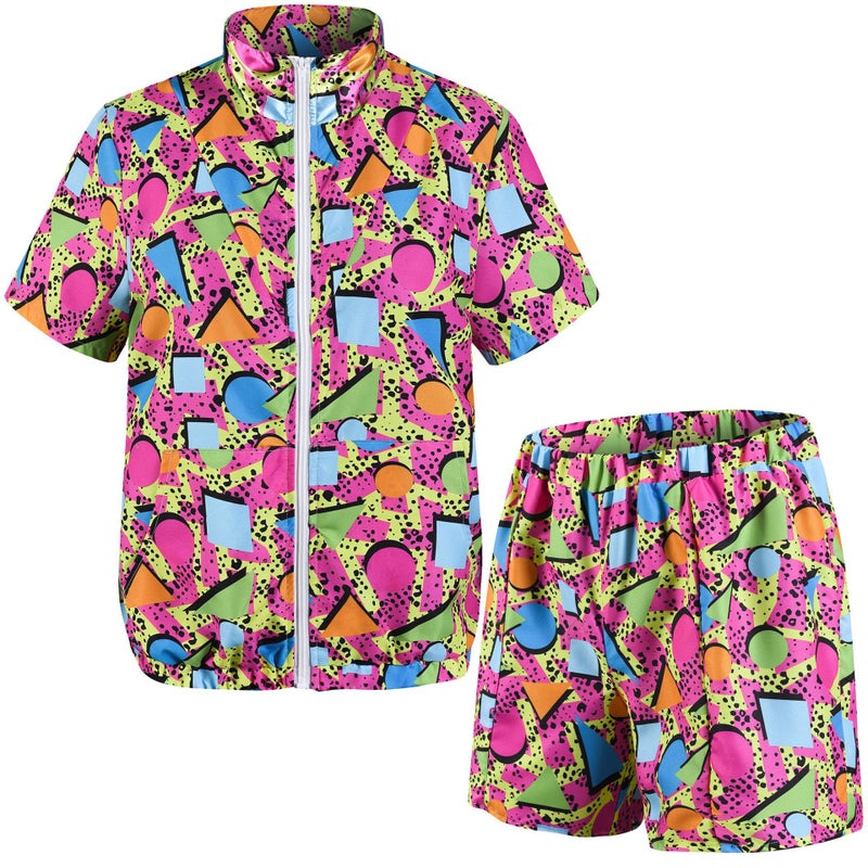 Cross Border 80 s Disco Sportswear Jacket and Pants Jogging Suit Retro Style 80 s Theme Party Women's Short Print
