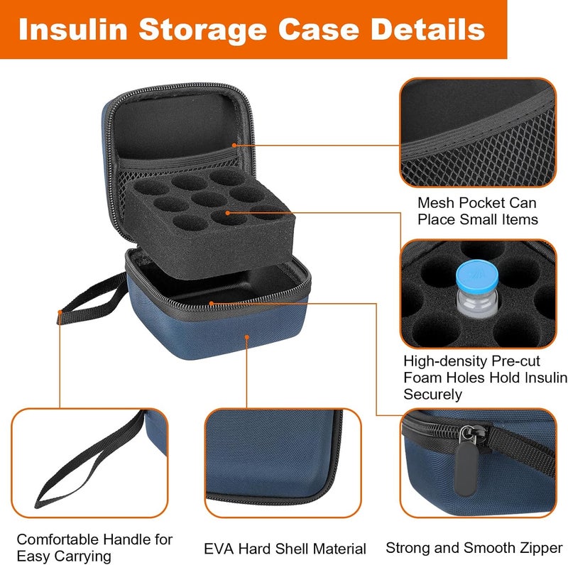 ELLDOO Insulin Fridge Holder Storage Carrying Case Insulin Vial Organizer Bag Fits Standard 10ml U100 Vials 9 Slots Travel Reliable Vial Protector Bag with Removable Slot FoamDeep Blue Only Case - Image 3