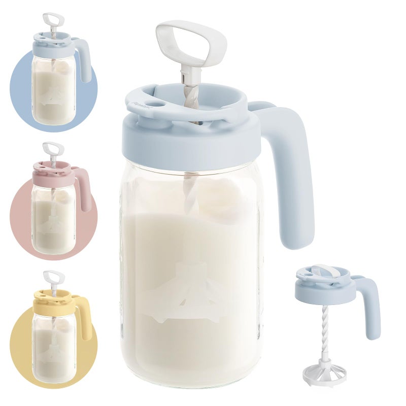 Papablic Breast Milk Pitcher â€“ Baby-Safe Glass Formula Mixer with Easy-Blend Handle Lid, Wide-Mouth Mason Jar, Leakproof Flip-Lock Spout, BPA-Free, Gift for New Moms, Blue - Image 1
