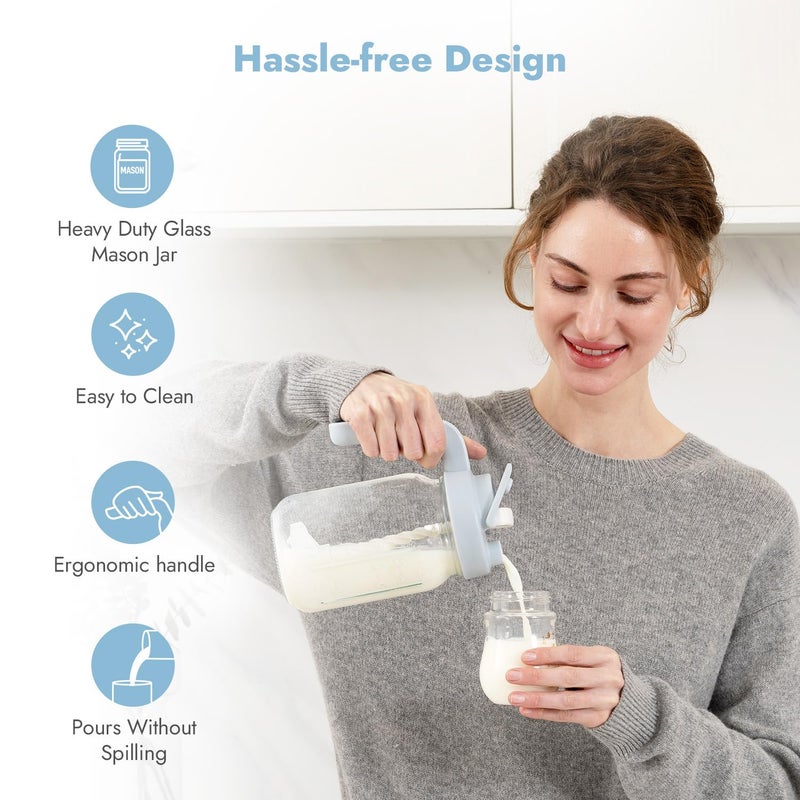 Papablic Breast Milk Pitcher â€“ Baby-Safe Glass Formula Mixer with Easy-Blend Handle Lid, Wide-Mouth Mason Jar, Leakproof Flip-Lock Spout, BPA-Free, Gift for New Moms, Blue - Image 4