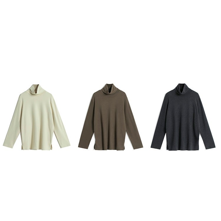 Oversized Fit·Stacked Collar With Side Slits·Super Soft Double-Sided Fleece Loose Turtleneck Long-Sleeve T-Shirt - Image 3