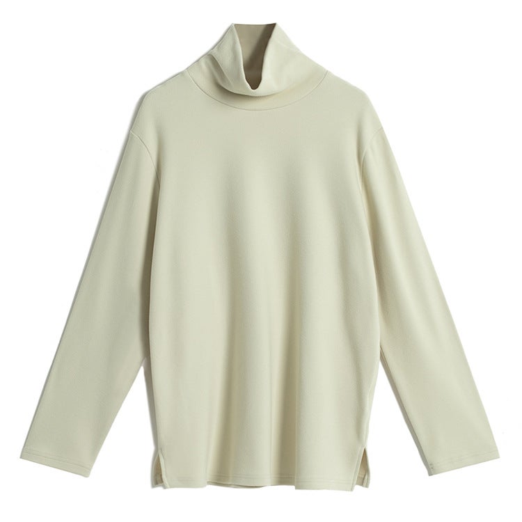 Oversized Fit·Stacked Collar With Side Slits·Super Soft Double-Sided Fleece Loose Turtleneck Long-Sleeve T-Shirt - Image 1