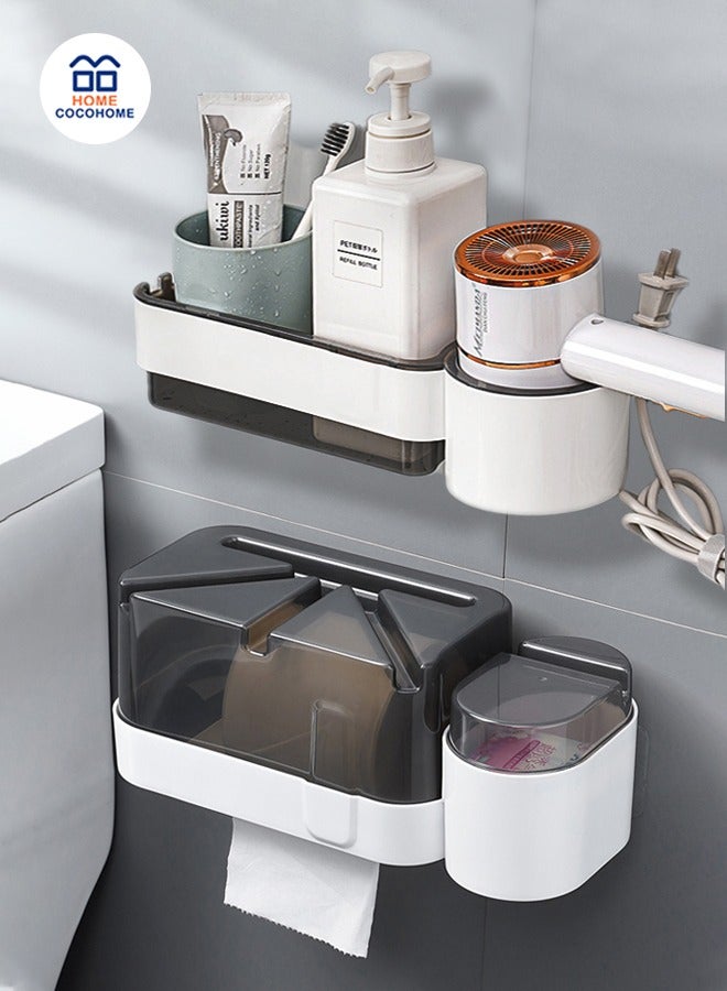cocohome 2-piece multifunctional bathroom storage rack, can be used as a bathroom hair dryer holder, can be used as a tissue box, no drilling required, large capacity, easy installation, wall-mounted shower rack, suitable for kitchen and bathroom - Image 1