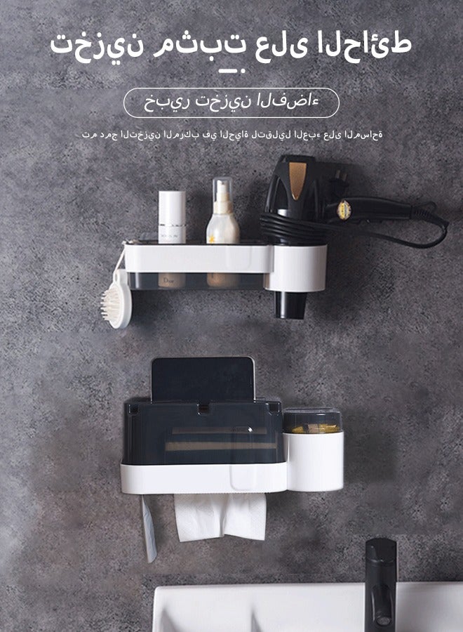 cocohome 2-piece multifunctional bathroom storage rack, can be used as a bathroom hair dryer holder, can be used as a tissue box, no drilling required, large capacity, easy installation, wall-mounted shower rack, suitable for kitchen and bathroom - Image 3