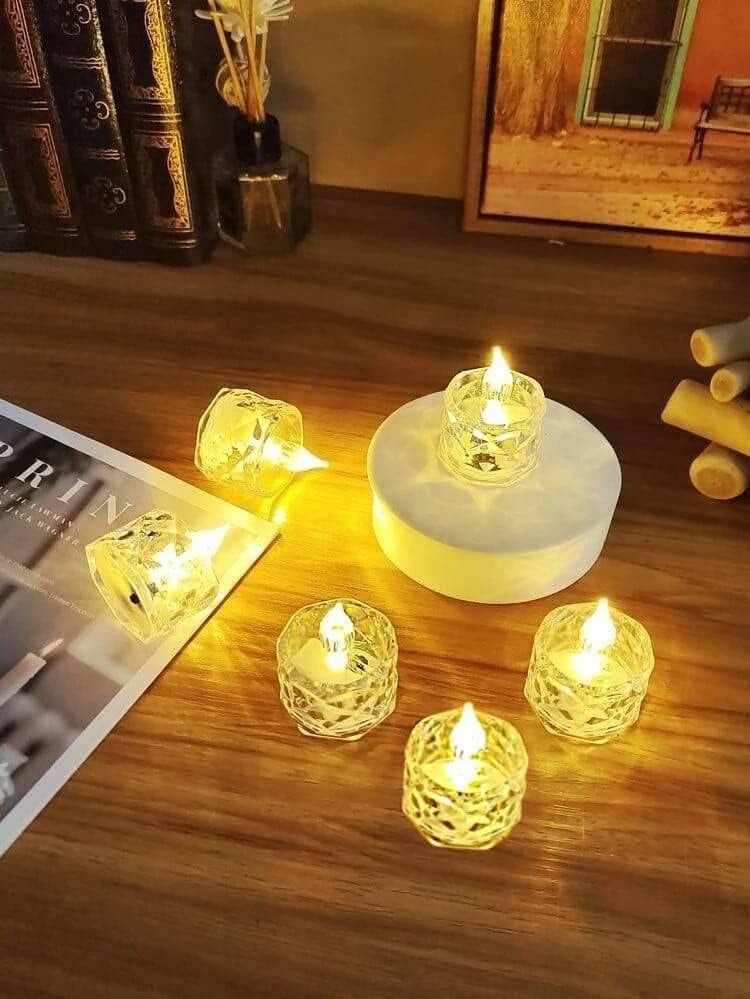 Desidiya® Flameless LED Tea Light Candles: Set of 6 Transparent Acrylic Decorative Candles | Smokeless | Perfect for Christmas, Festivals | Vibrant Yellow Glow - Image 4
