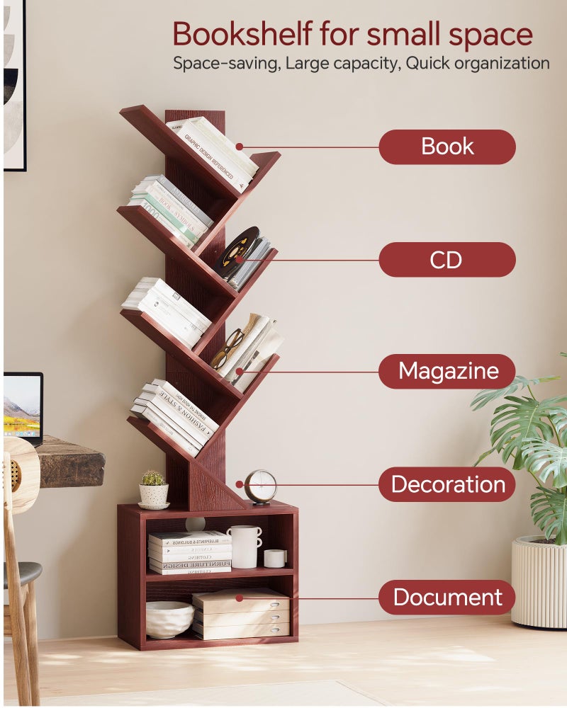 SUNMORY 6 Tier Tree Bookshelf, Tall Bookcase with Storage Cabinet, Modern Narrow Bookshelves Organizer, Floor Standing Book Shelf for Bedroom/Living Room/Home Office/Corner, Cherry - Image 4