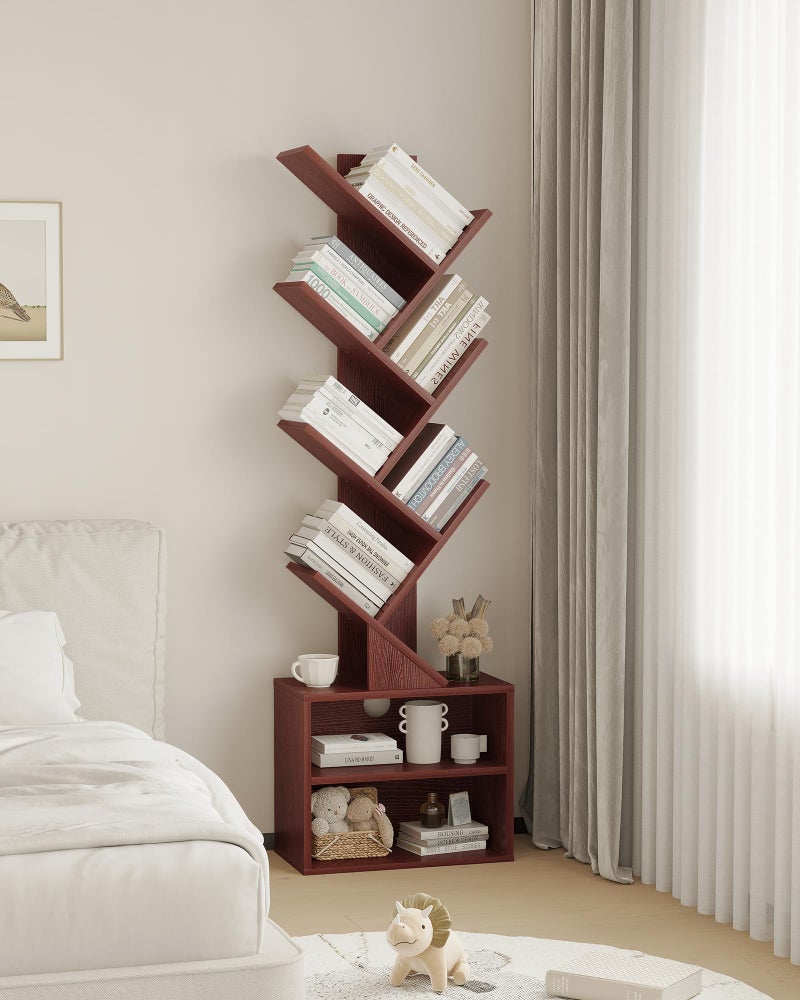 SUNMORY 6 Tier Tree Bookshelf, Tall Bookcase with Storage Cabinet, Modern Narrow Bookshelves Organizer, Floor Standing Book Shelf for Bedroom/Living Room/Home Office/Corner, Cherry - Image 5