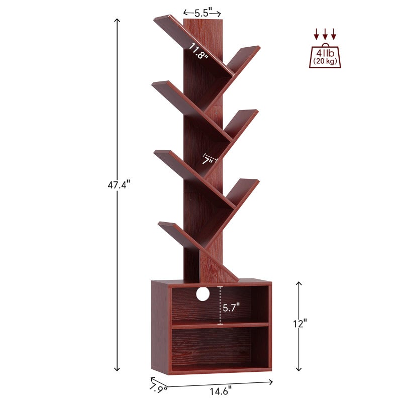 SUNMORY 6 Tier Tree Bookshelf, Tall Bookcase with Storage Cabinet, Modern Narrow Bookshelves Organizer, Floor Standing Book Shelf for Bedroom/Living Room/Home Office/Corner, Cherry - Image 2