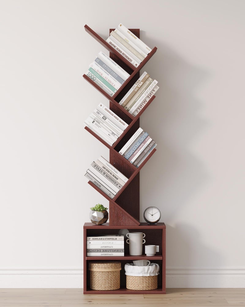 SUNMORY 6 Tier Tree Bookshelf, Tall Bookcase with Storage Cabinet, Modern Narrow Bookshelves Organizer, Floor Standing Book Shelf for Bedroom/Living Room/Home Office/Corner, Cherry - Image 1