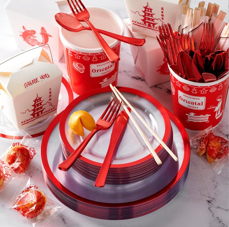 By Madee HEAVYWEIGHT 100 Pc Clear and Red Party Plates | Includes 50 Dinner & 50 Dessert Plates (50 Guests) - Image 5