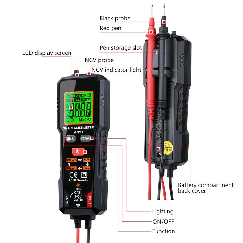 Portable AN93 Multimeter Handheld with LED Flashlight & Accurate Voltages Measurement Auto Ranges Intelligent Multimeter - Image 3