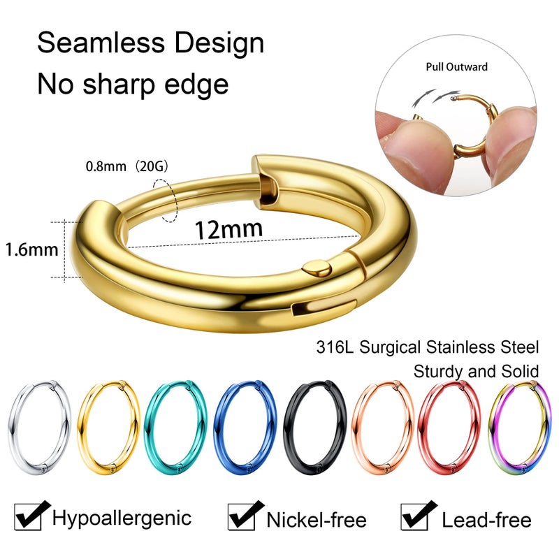 Jstyle 8 Pairs 316L Surgical Stainless Steel Small Hoop Earrings for Men Women Hypoallergenic Huggie Hoop Earrings Cartilage Helix Lobes Sleeper Hoop Earrings Set 20G 12mm - Image 2