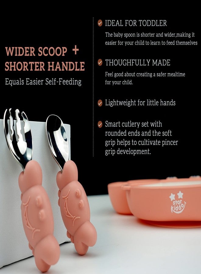 StarKiddo® ‘Cute Crab’ Silicone Weaning Set | Suction Plate for baby | Easy Grip Handle Spoon & Fork | Adjustable Printed Bib | Dishwasher & Microwave Safe|Toddler Self-Feeding Flamingo Pink (Combo) - Image 4
