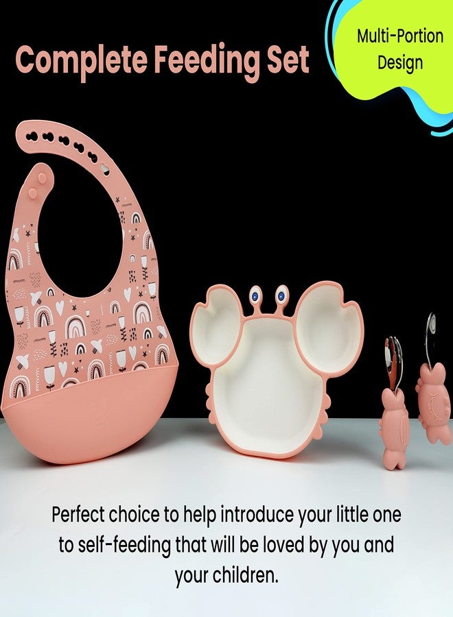 StarKiddo® ‘Cute Crab’ Silicone Weaning Set | Suction Plate for baby | Easy Grip Handle Spoon & Fork | Adjustable Printed Bib | Dishwasher & Microwave Safe|Toddler Self-Feeding Flamingo Pink (Combo) - Image 3