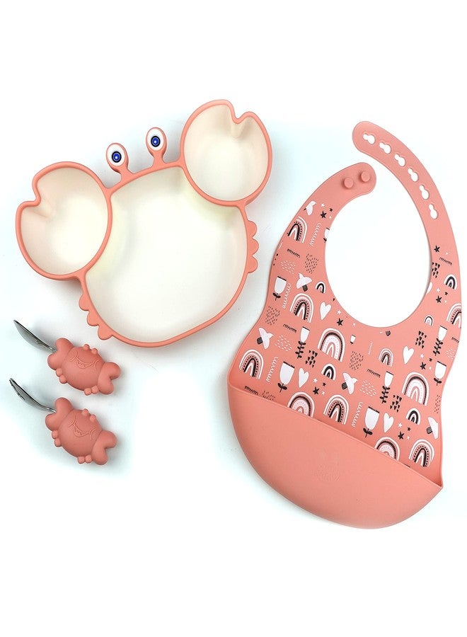 StarKiddo® ‘Cute Crab’ Silicone Weaning Set | Suction Plate for baby | Easy Grip Handle Spoon & Fork | Adjustable Printed Bib | Dishwasher & Microwave Safe|Toddler Self-Feeding Flamingo Pink (Combo) - Image 1