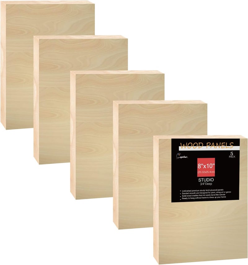 Cupohus Unfinished Wood Boards Canvas for Painting, 5 Packs 3/4'' Deep 8'' x 10'' Wooden Cradled Panels for Pouring Art, Crafts, Paints and More - Image 1