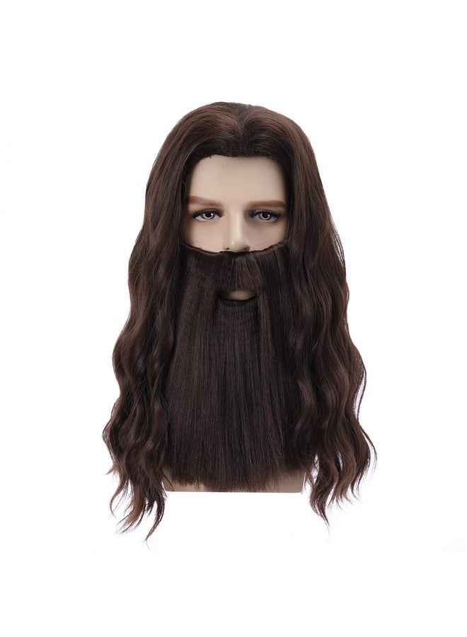 BERON Mens Brown Wigs Long Curly Hair Wig With Mustache Heat Resistant Synthetic Wig Halloween Cosplay Costume Party Daily Wigs - Image 1