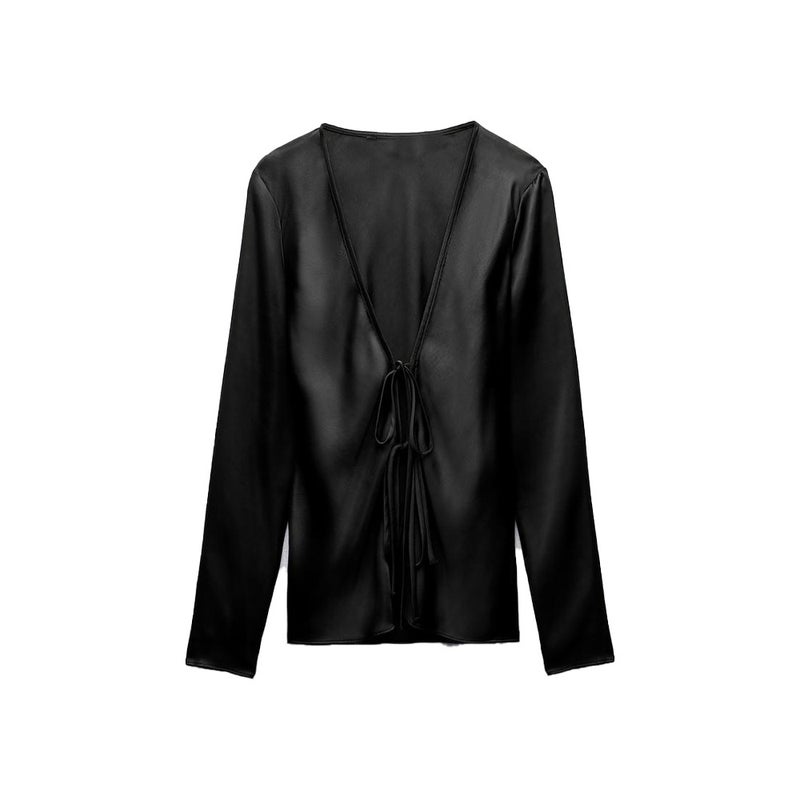 2024 Summer Chic Satin Bow Tie Slim Womens Blouse Black - Image 1