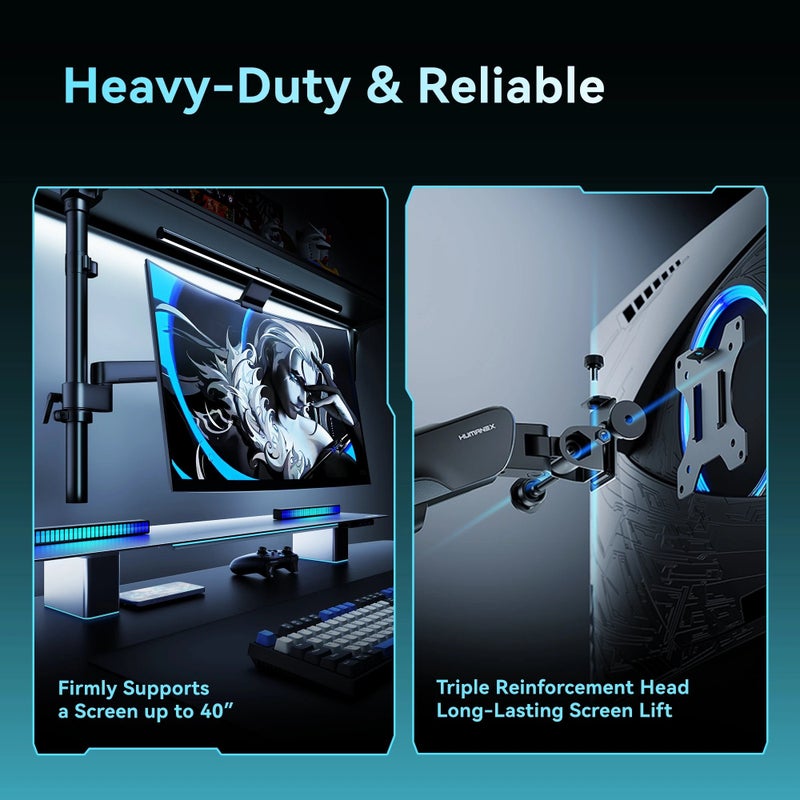 Humanex Gaming Monitor Arm & Single Monitor Stand, Heavy Duty Desk Mount for 17–40″ Screens, Supports up to 12 kg, Regular & Inverted Installation, Full-Motion Tilt, Swivel & 360° Screen Rotation, VESA 75×75 / 100×100, Built-In Cable Management, C-Clamp & Grommet – Humanex TX02-1PG, Matte Black & Titanium Grey - Image 4