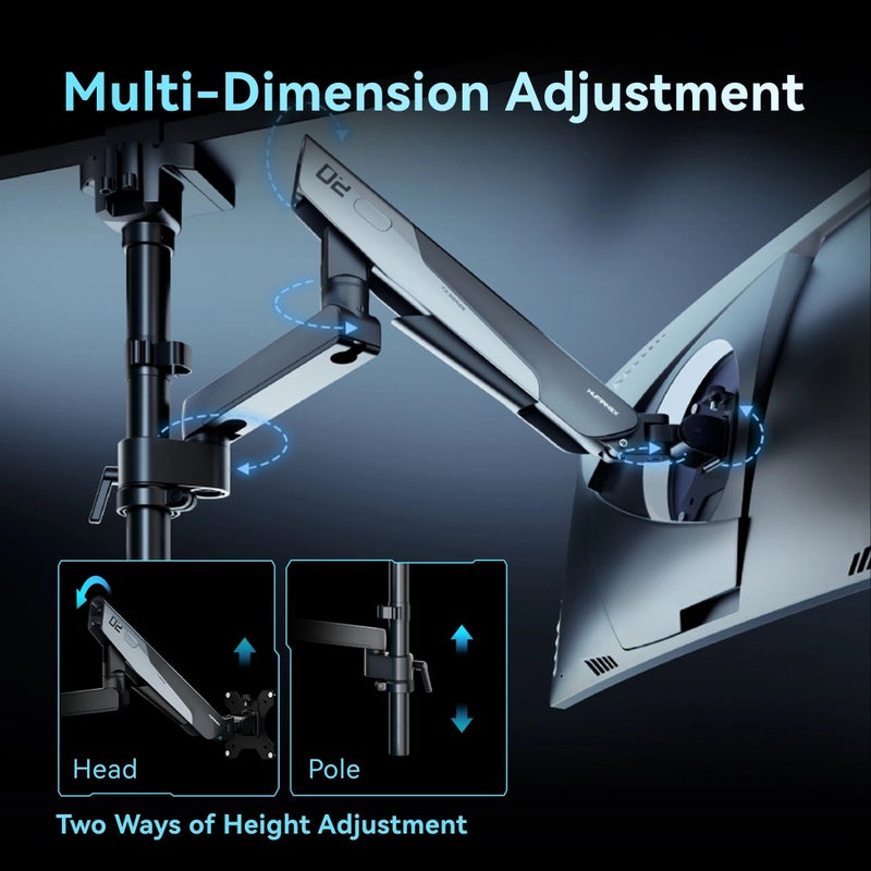 Humanex Gaming Monitor Arm & Single Monitor Stand, Heavy Duty Desk Mount for 17–40″ Screens, Supports up to 12 kg, Regular & Inverted Installation, Full-Motion Tilt, Swivel & 360° Screen Rotation, VESA 75×75 / 100×100, Built-In Cable Management, C-Clamp & Grommet – Humanex TX02-1PG, Matte Black & Titanium Grey - Image 5