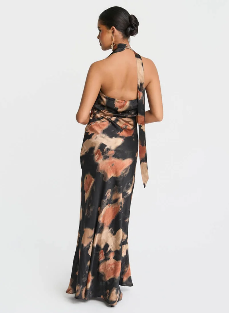 Needs No Label  Black Marble Tie Neck Maxi Dress for Women | Best Price UAE
