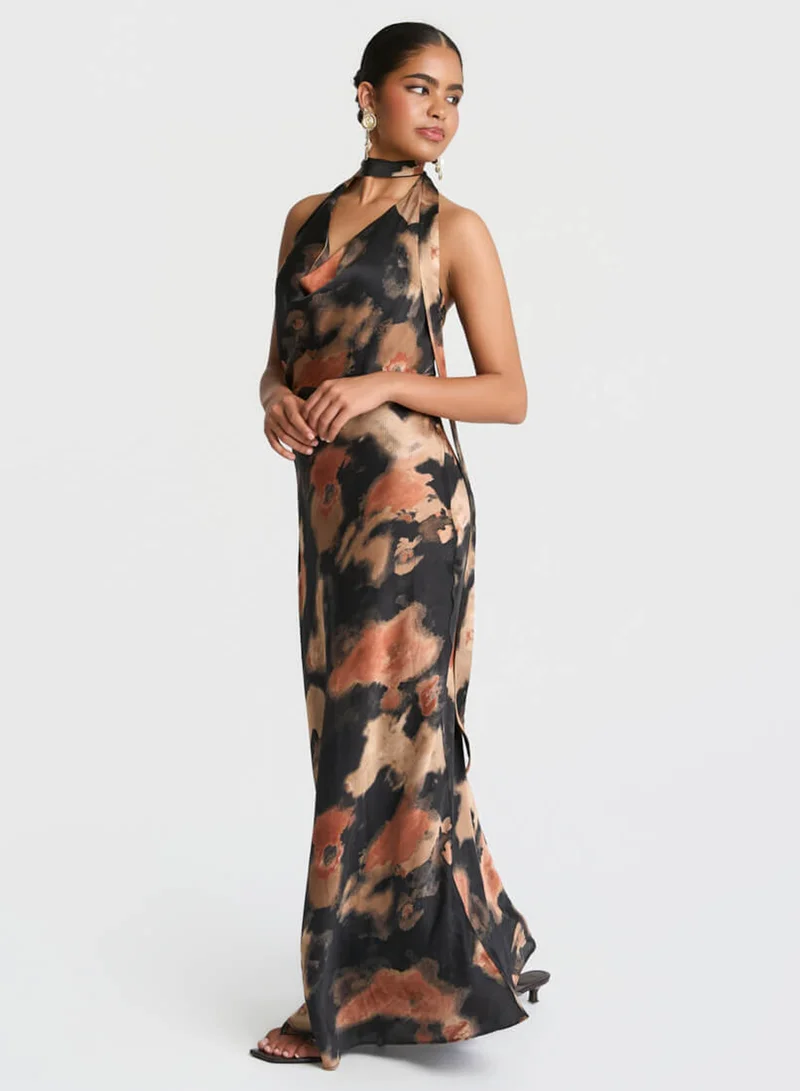 Needs No Label  Black Marble Tie Neck Maxi Dress for Women | Best Price UAE