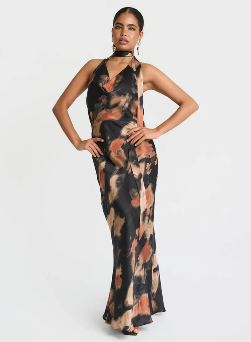 Black Marble Tie Neck Maxi Dress