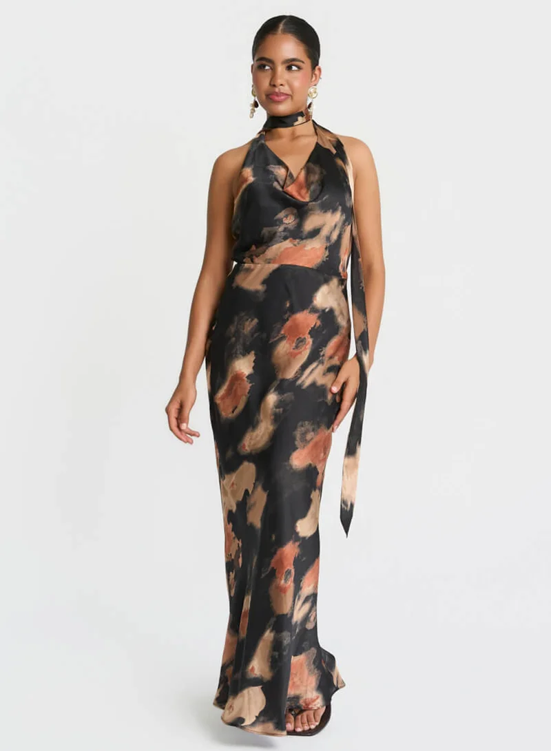 Needs No Label  Black Marble Tie Neck Maxi Dress for Women | Best Price UAE