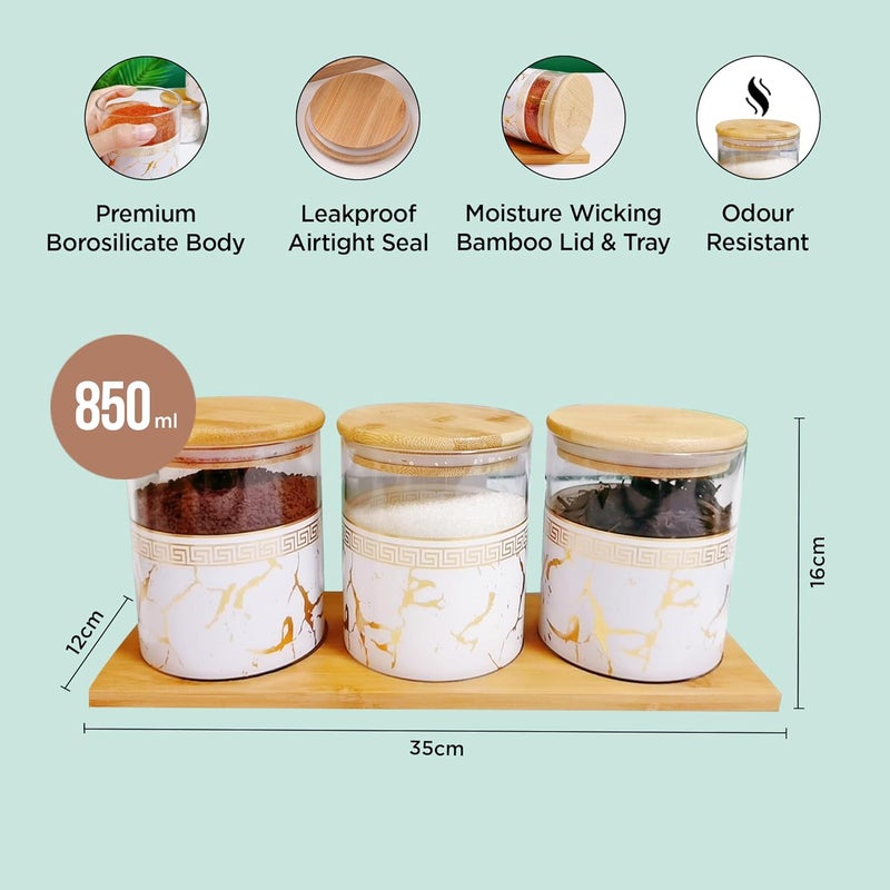 UMAI Pack of 3 Kitchen Organizer Borosilicate Jars with Bamboo Lid & Tray | 3 Pcs 850 ml | Glass Jars for Cookies, Spices, Snacks, Tea, Coffee, Sugar | BPA Free | White - Image 2